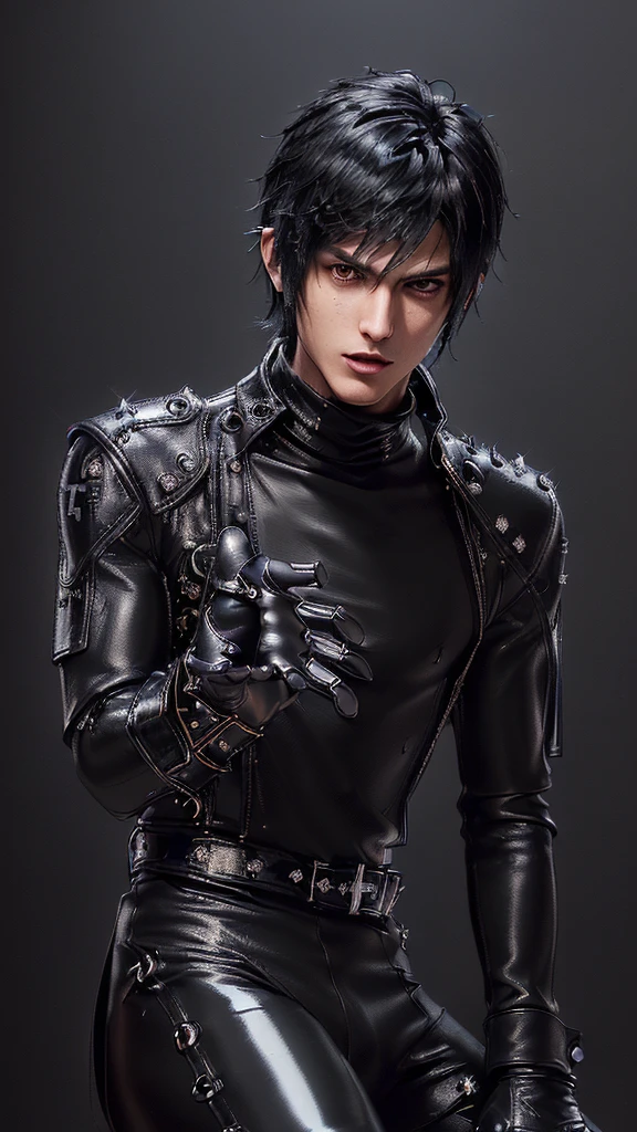 ((Final fantasy taste and reality graphics)), ((Japanese young cute and cool ikemen  boy)), his age is early 20s, thin eyebrows and beady eyes,  ((((he wearing black color and very shining brightly enamel leather thick single-brest  jacket)))), ((with epaulet)), ((enamel leather jacket close all zippers)),, ,(( jacket collar is very high length stand-up collar with belts)), , (((also wearing black color turtleneck very shining brightly enamel leather shirts))),  (((tight black and very shining brightly enamel leather pants))), ((((very shining brightly black enamel leather tight and thin glove)))), ((black color and vety shining brightly leather knee-high raceup boots)),head-to-toe, whole body, boy looks like fashion model,Do not show skin from the neck down,(((all his clothes are smooth design and very shining))),(((Avoid adding unnecessary decorations to your clothes))),(((all clothes is simple design and appearance)))