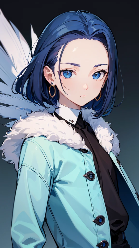 1man, anime artstyle, masterpiece, highres, solo, 8k, detailed, perfect face, best quality, (ultra high quality), looking viewers, blue hair, middle parted hair, hair combed back, forehead visible, dark blue eyes, eyes bags, sleepy eyes, earrings, feather jacket, (upper body), emotionless, flat face