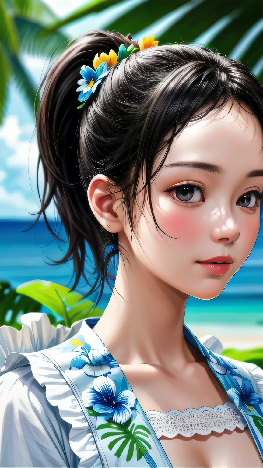 Ultra-realistic scenes, Parallel world, God-like tropical exotic plants, cult, Tropical flowers, Unusual art, Unique art, Summer blue sky background, sunlight, bright sunlight, Blender, Product Rendering, High quality 8K. 1girl, Cute 1 girl、White garter set、((Face close-up))、Face close-up、masterpiece, 最high quality, high quality, High resolution, super big breasts sexy、(Hairstyle_ponytail)