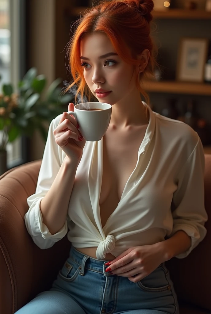 An attractive young woman with fair skin and red hair, made into a bun. She is drinking her coffee, She wears jeans and a blouse. Her body is curvy, fleshy lips, with wide hips and a thin waist
