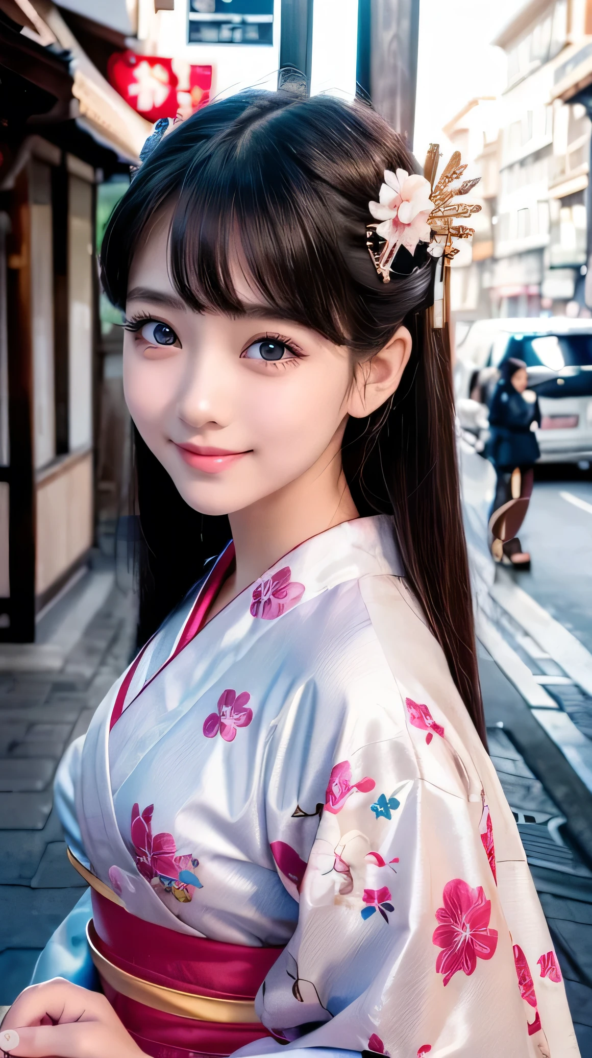 (Very beautiful  cute girl), (very  cute face:1.2), yo, (sparking crystal clear attractive large eyes), beautiful detailed eyes, Detailed double eyelids, (smiling), (realistic photograph:1.2),gorgeous flamboyantly colored apprentice geisha costume, apprentice geisha costume,very beautiful kimono, Costume lighting,in the street