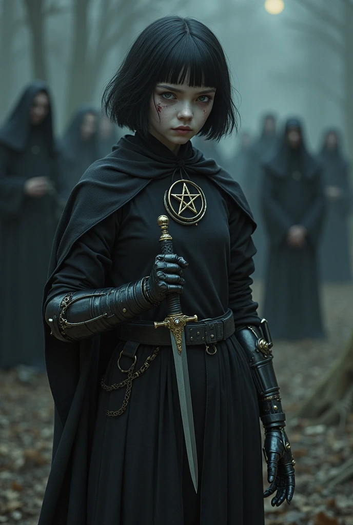 Young human cleric with black overcoat and cross necklace, and with a small sword.