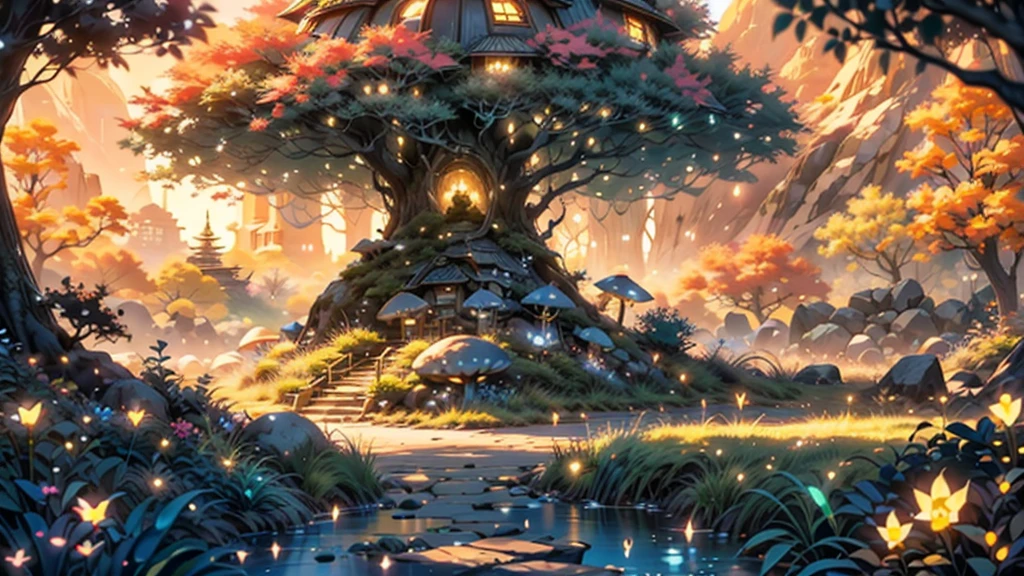 a futuristic pod home in a japanese garden, fairytale view with dramatic mountain range, rocks plants flowers shrubs bushes trees moss lawns grass mushrooms fireflies,colourful sunset and strong sunbeams,very hazy,extreme details,photorealistic,4k,HD,beautiful,nature, dreamy, low shot,ground level photo, good luminosity, high ambience