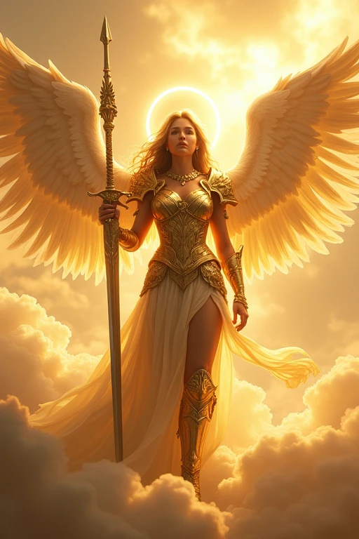 Une femme majestueuse, en armure dorée éclatante, avec des ailes angéliques. Son épée, lumineuse et divine, rayonne de pureté, avec la marque du commendemant de la verite sur le cou.
Elle se tient dans un ciel lumineux, entourée de nuages dorés, avec une auréole au-dessus de sa tête.
.Résolution Haute, Précis, Haute qualité, Détails fins,