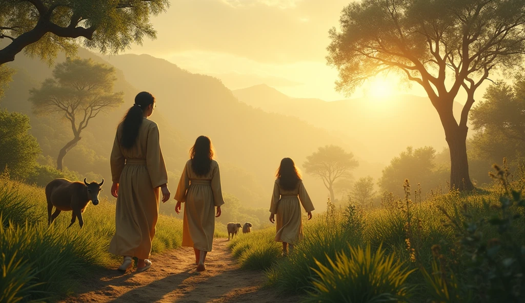 A nostalgic scene set in an ancient, fertile landscape reminiscent of the early days described in Genesis. In the foreground, a family is engaged in daily tasks: a mother and her daughters tending to the animals and cultivating the land, all surrounded by lush greenery. The family members are dressed in simple, traditional garments, reflecting a time when traditions were being formed. The scene is filled with a sense of reverence and connection to the divine, as their lives revolve around worship and maintaining balance in their vast new home, the Garden of Earth. The background features a vast garden, symbolizing the purity and natural laws that governed their existence, bathed in soft, golden sunlight that highlights the simplicity and goodness bestowed by God.