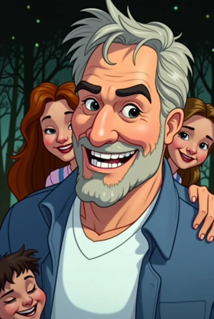 Draw the man used in the tip image with his wife, 2 teenage daughters and an  son, both smiling, in the background put trees and a blue sky, make Disney style image 