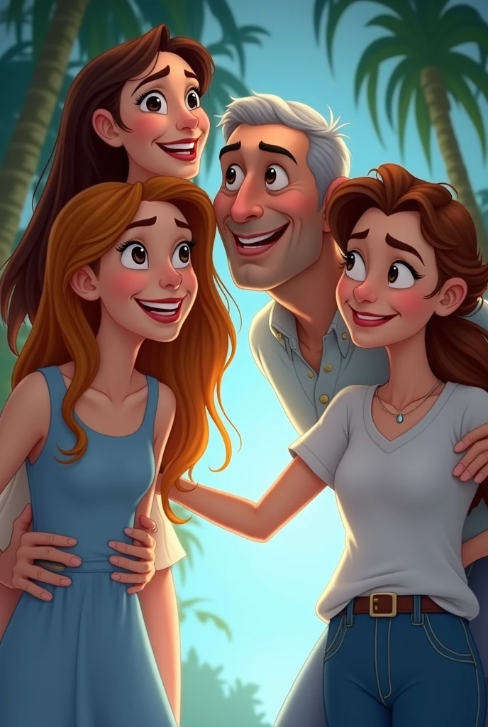 Draw the man used in the tip image with his wife, 2 teenage daughters and an son, both smiling, in the background put trees and a blue sky, make Disney style image