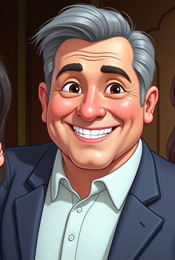 Draw the man used in the tip image with his wife, 2 teenage daughters and an  son, both smiling, in the background put trees and a blue sky, make Disney style image 