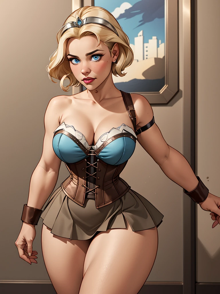 Girl with short blonde hair, blue eyes, Wearing a brown iron corset with a silver armband on one side of the shoulder, wearing a brown leather strip skirt, wearing a tiara on her forehead, and thick thighs, defined breasts