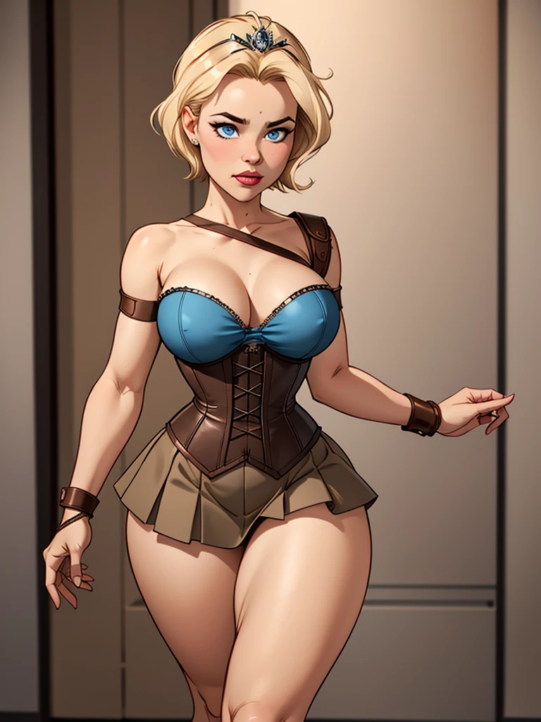 Girl with short blonde hair, blue eyes, Wearing a brown iron corset with a silver armband on one side of the shoulder, wearing a brown leather strip skirt, wearing a tiara on her forehead, and thick thighs, defined breasts