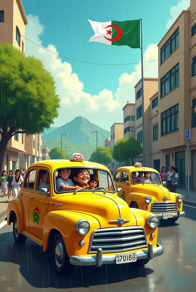 Là tous les heureuse en Algérie les taxis jaunes sous la pluie que c'est beau l'Algérie drapeau algérien vert blanc croissant de lune étoile rouge sang des paysages magnifiques