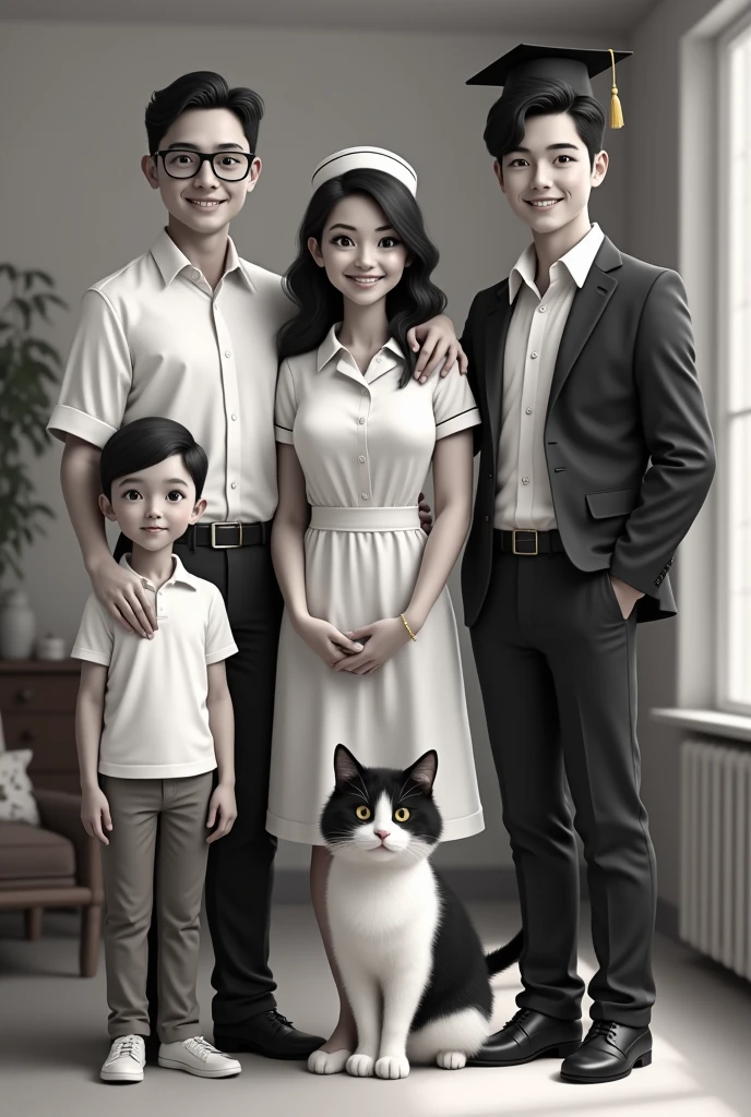A mother with three children, a nurse, another lawyer and a graduate and a black and white cat