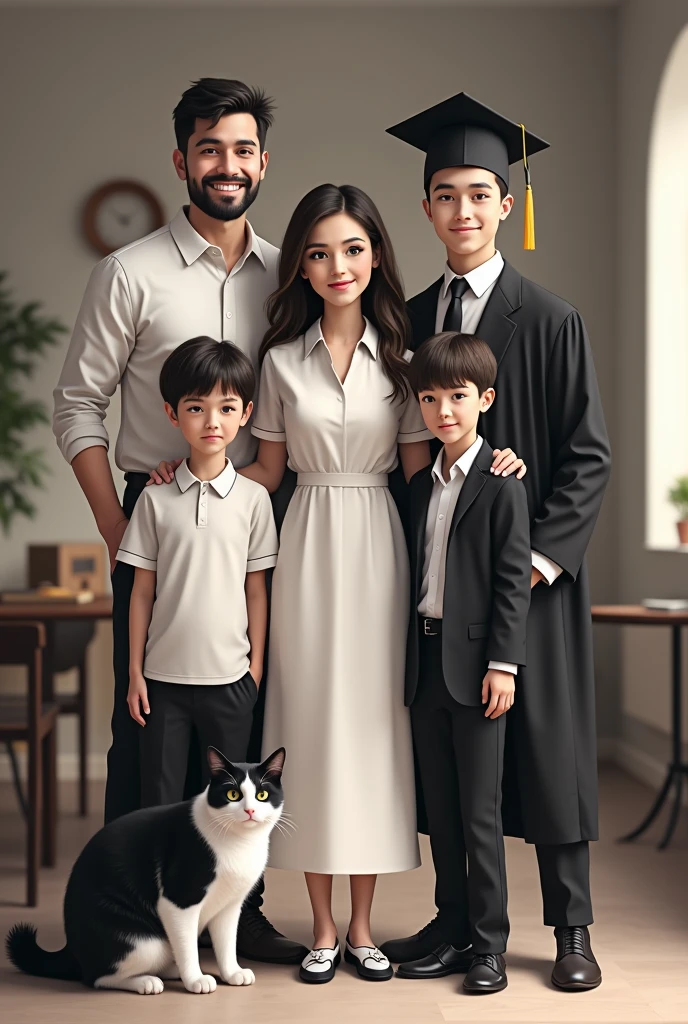 A mother with three children, a nurse, another lawyer and a graduate and a black and white cat 