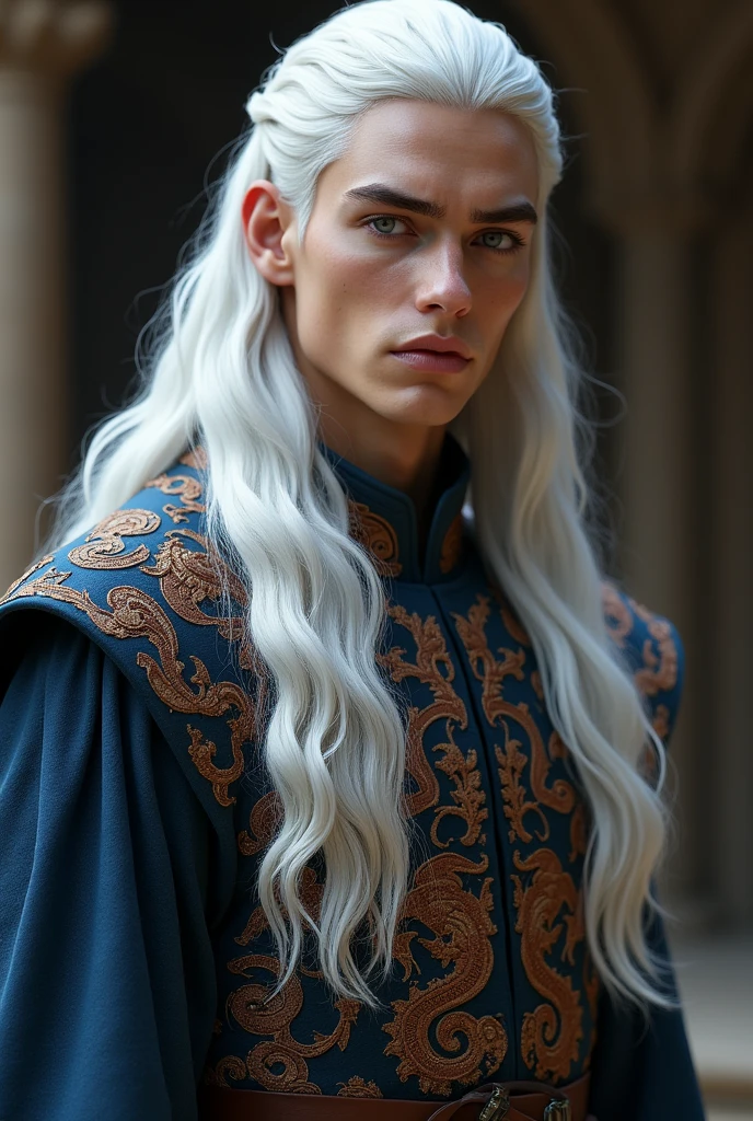 Un jeune homme Targaryen, d'une beauté presque divine, se tient là, ses longs cheveux blancs argentés tombant en cascades soyeuses sur ses épaules. Son visage est finement ciselé, avec des traits parfaits et des yeux violets ou bleus profonds, capturant l'attention de tous. Grand et élancé, son corps est sculpté par des années d'entraînement, à la fois puissant et gracieux. Vêtu de riches tuniques brodées de motifs draconiques, il incarne la noblesse et la force, portant en lui l'héritage imposant et tragique de la maison Targaryen.