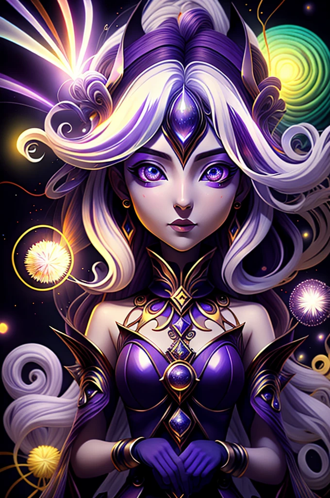 Extremamentesexy, appealing, daughter, phantom, refined , garota phantom, pele caucasiana, purples eyes, long white hair, Purple aura around you, several small and colorful fireworks around.