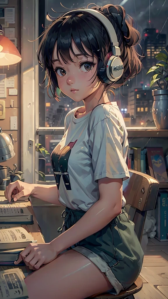 (extremely detailed CG unity 8k wallpaper), (best quality), (best illustration), (best shadow), realistic lighting, beautiful detailed reglow, masterpiece, best quality, lofi artstyle, lofi art, 80s anime style, Retro, Lo-Fi, Lofi Sensation, Portrait of Lofi, Lofi Colors, Lofi Vibes , Lofi atmosphere, Lofi hip hop, 1girl, solo, long hair, shirt, black hair, sitting, white shirt, short sleeves, shorts, indoors, hair bun, book, window, night, single hair bun, plant, t-shirt, building, rain, city, open book, bookshelf, potted plant, cityscape, book stack, without cable headphones, red headphones