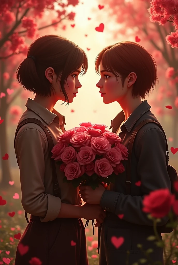 Maxine Caulfield (Life Is Strange) giving Ellie Williams (The Last of Us) pink roses, both show affection and love, surrounded by red hearts, unreal engine graphics