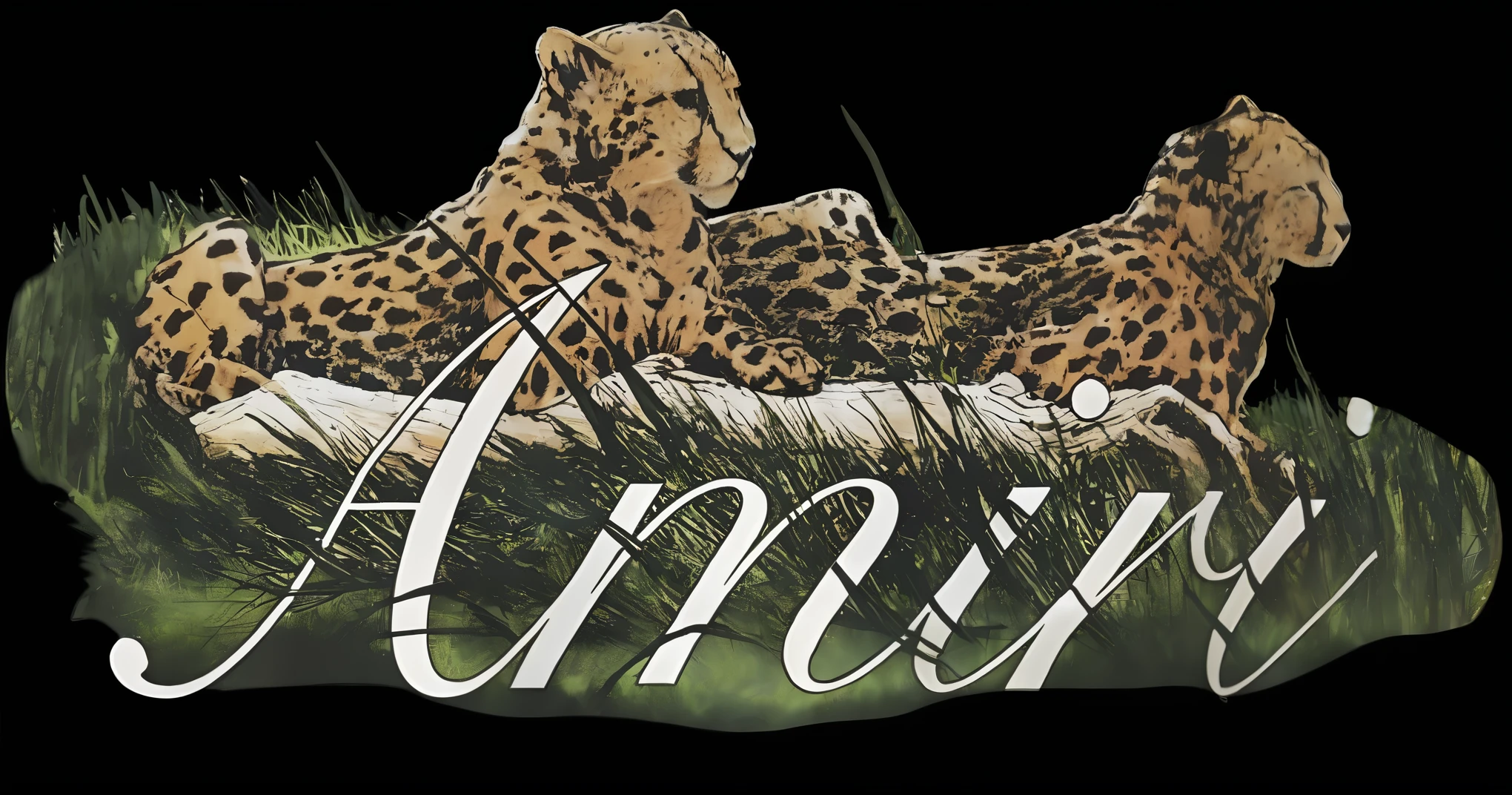 There are two cheetahs lying on a log in the grass, friend, by Charlie Amani, Anvill, full body view, header with logo, by Anna Fussli, jaguar, by David Annand, by Arie Smit, by Antonio Saura, the animal, anunaki, not trimmed, Animals Wildlife, Website banner, digitally painted