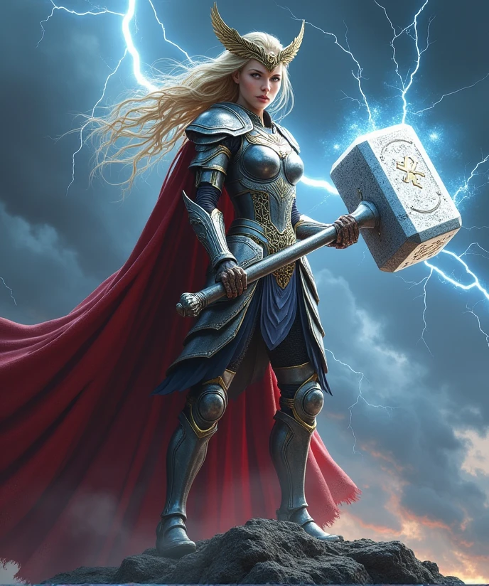 (A powerful female warrior wielding a massive, glowing hammer:1.5), (wearing an intricately designed armor inspired by Norse mythology:1.4), (the armor is silver and gold with detailed engravings of ancient runes:1.5), (a flowing red cape billows behind her, adding a sense of majesty and strength:1.4), (her blonde hair flows freely, catching the light from the crackling electricity surrounding her:1.4), (fierce, determined expression on her face with piercing blue eyes:1.5), (standing atop a mountain peak, surrounded by storm clouds and lightning:1.4), (the sky dark and ominous, with bolts of lightning striking around her:1.4), (her hammer, Mjolnir, is alight with crackling energy, ready to be unleashed:1.4), (a crown of winged metal adorns her head, symbolizing her divine status:1.4), (highly detailed and realistic textures on the armor and hammer:1.5), (epic, heroic atmosphere:1.4)