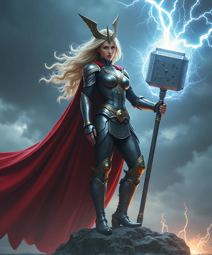 (A powerful female warrior wielding a massive, glowing hammer:1.5), (wearing an intricately designed armor inspired by Norse mythology:1.4), (the armor is silver and gold with detailed engravings of ancient runes:1.5), (a flowing red cape billows behind her, adding a sense of majesty and strength:1.4), (her blonde hair flows freely, catching the light from the crackling electricity surrounding her:1.4), (fierce, determined expression on her face with piercing blue eyes:1.5), (standing atop a mountain peak, surrounded by storm clouds and lightning:1.4), (the sky dark and ominous, with bolts of lightning striking around her:1.4), (her hammer, Mjolnir, is alight with crackling energy, ready to be unleashed:1.4), (a crown of winged metal adorns her head, symbolizing her divine status:1.4), (highly detailed and realistic textures on the armor and hammer:1.5), (epic, heroic atmosphere:1.4)