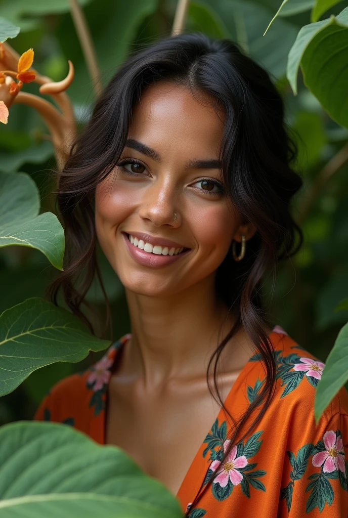 A Brazilian woman in a lush tropical garden, wearing an open shirt with a floral print, with a close-up capturing the harmonious beauty between her breasts and the natural flowers, showing off your natural charm and outgoing personality.