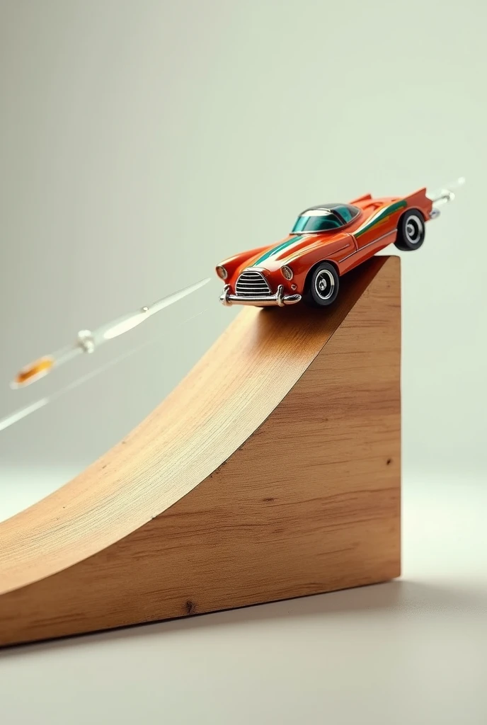 an experiment where a toy car is going down a steep wooden slope (side view)