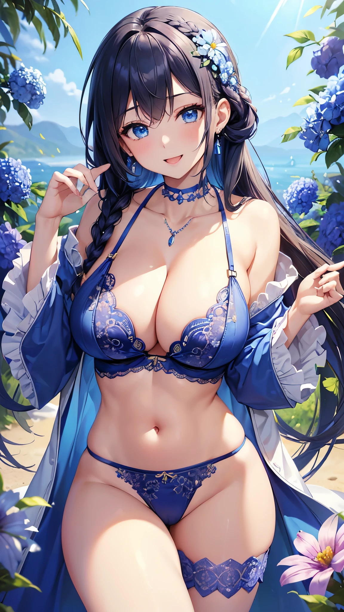 Highest quality、Highest quality、masterpiece、(8k resolution),beauty(Age 25)、(Mature Appearance)、Long Hair(Braiding of the sides)、blue eyes、(Underwear with intricate embroidery、bra)、Big cleavage、((Super big breasts))、smile、blue necklace、Blue Earrings、background(flower)、Please open your mouth wide、Dynamic pose、Blue choker、