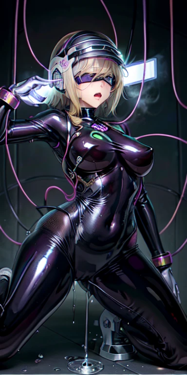 1 girl,Browsing Caution,Helmet, brainwashing, visor, wire, Eli Ase ,clavicle, Eyes glowing purple,Absurd, brainwashinging,Hollow Eyes, Big Breasts, Expressionless,(Black latex tight bodysuit),avert your eyes , Full body shape,(Highest quality、High resolution、Must have:1.2)、Very detailed、(reality、reality的なです、reality的な:1.37)、Ticker、Hyper HD、Studio Lighting、Ultra High Definition Paint、Sharp focus、Physically Based Rendering、Extreme Detail、Professional specifications、Vibrancy and color、Blurred、Sports portrait、landscape、Horror Style、anime Big Breasts、sf、photograph、Concept Artist、Five Fingers, Perfect body,Improved cost performance、All Roles、Canon 5D MK4でphotograph、photograph, 