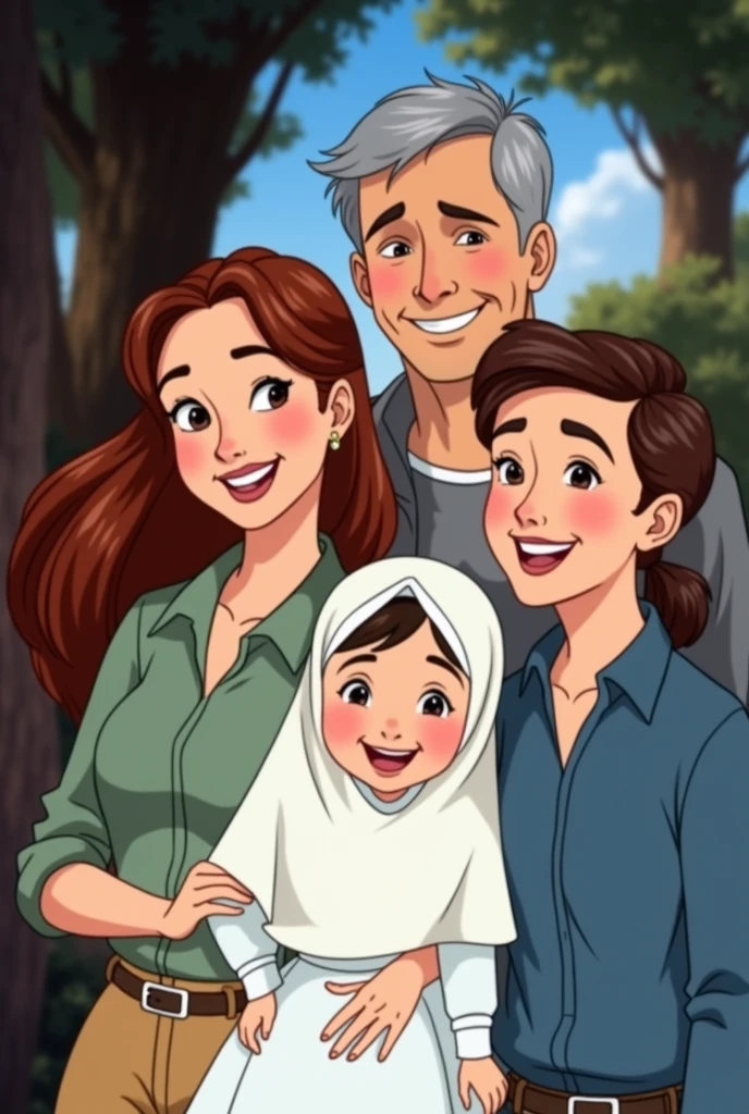 Draw the man used in the tip image with his wife, 2 age daughters and an son, both smiling, in the background put trees and a blue sky, make Disney style image