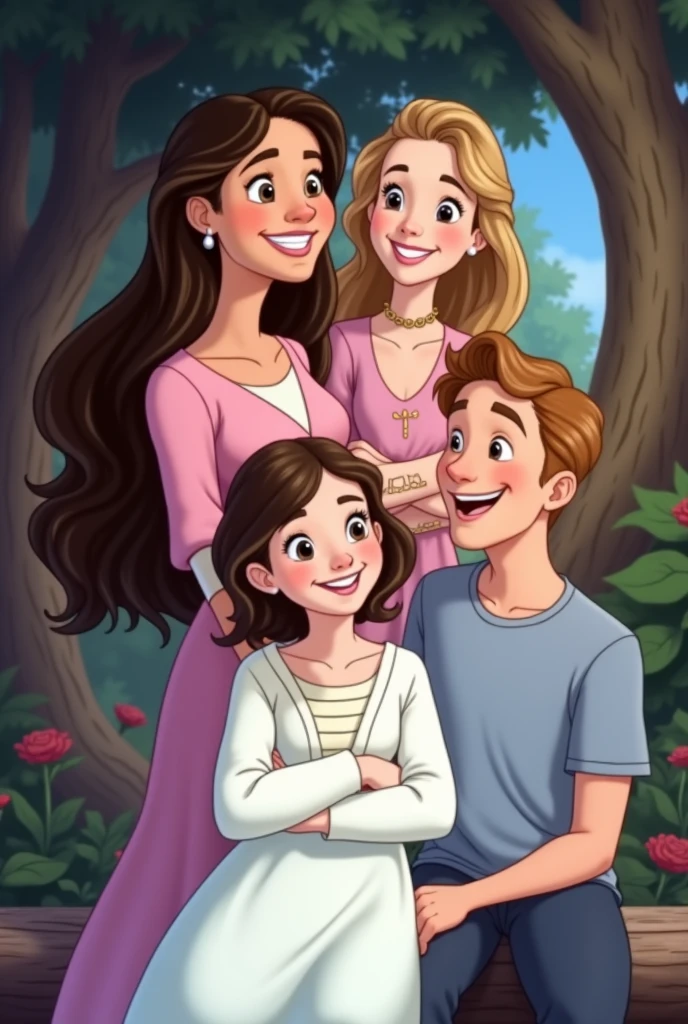Draw the man used in the tip image with his wife, 2 teenage daughters and an  son, both smiling, in the background put trees and a blue sky, make Disney style image 