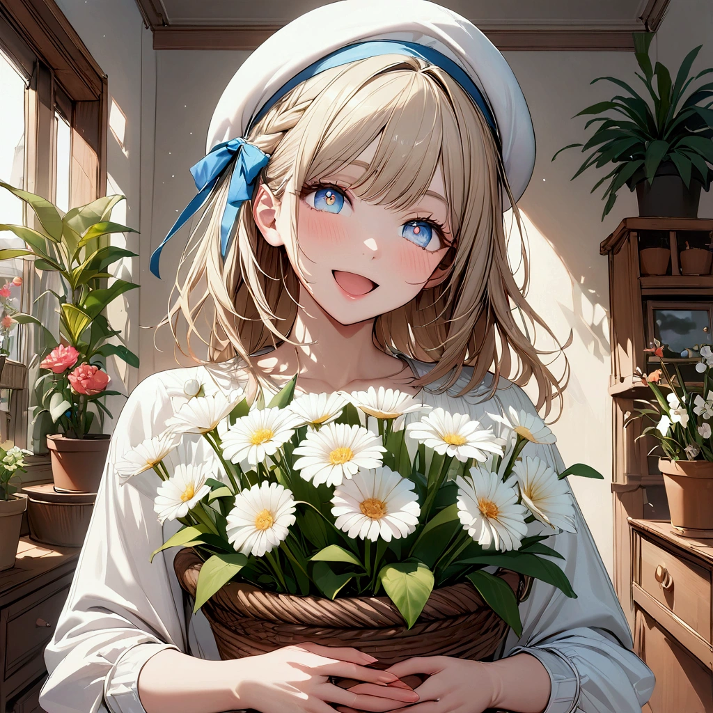 Woman in light-colored casual clothing, holding a basket of flowers in her hands. chic, Soft atmosphere. Soft Light. There are many potted plants and plants in the background.Open your mouth a little, smiling, Bright Eyes, ribbon hair accessories, Anatomically correct, beret, High resolution, Highest quality, High-resolution model, High detail, Ultra high definition, 