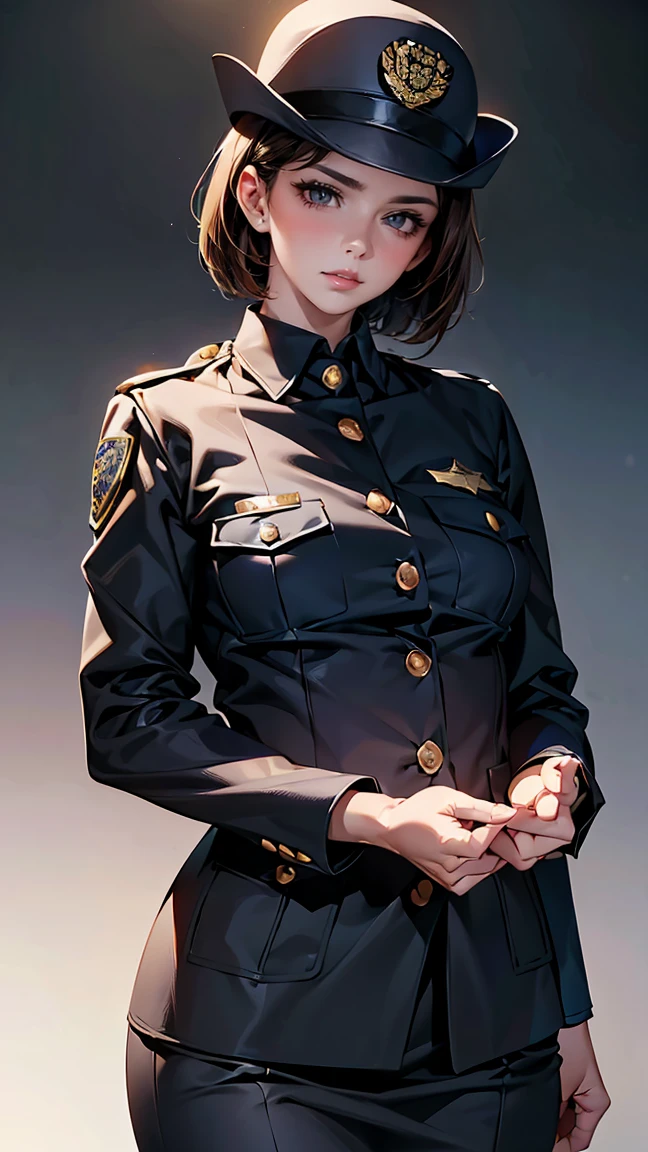 、nude、naked、、masterpiece、8k、Realistic、超High resolution、Very delicate and beautiful、High resolution、Cinema Lighting、medium range shooting、Portraiture、Perfect female body、Beautiful woman、Mature Woman、(Short Bob:1.8、Brown Hair)、((Female police officer:1.4、uniform、limited cap、