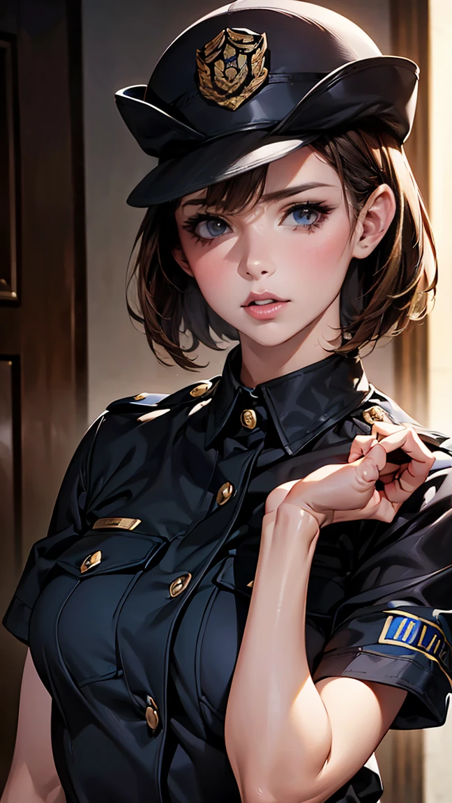 、nude、naked、、masterpiece、8k、Realistic、超High resolution、Very delicate and beautiful、High resolution、Cinema Lighting、medium range shooting、Portraiture、Perfect female body、Beautiful woman、Mature Woman、(Short Bob:1.8、Brown Hair)、((Female police officer:1.4、uniform、limited cap、