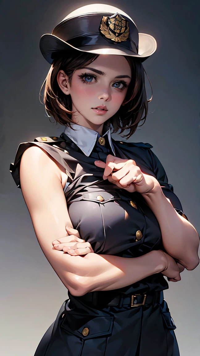 、nude、naked、、masterpiece、8k、Realistic、超High resolution、Very delicate and beautiful、High resolution、Cinema Lighting、medium range shooting、Portraiture、Perfect female body、Beautiful woman、Mature Woman、(Short Bob:1.8、Brown Hair)、((Female police officer:1.4、uniform、limited cap、
