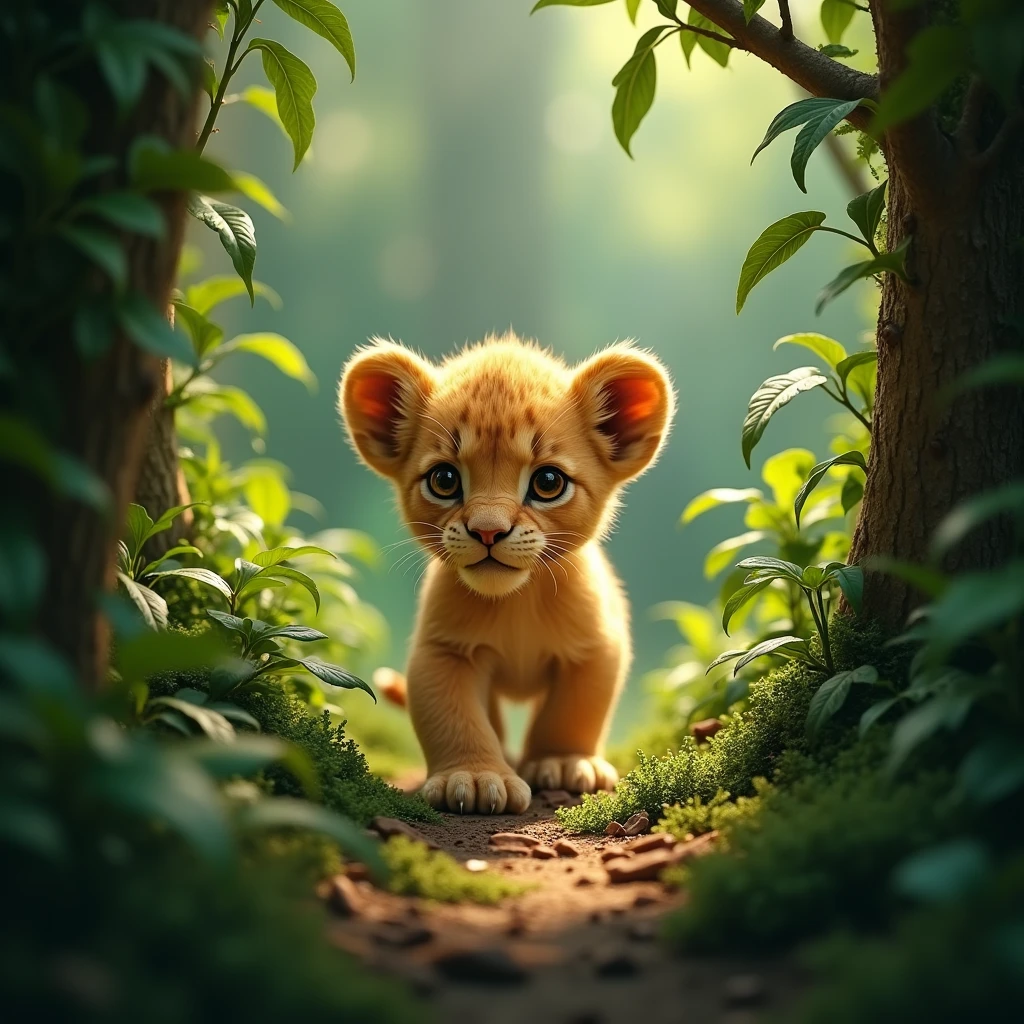 Create as realistic an image as possible of a lion cub peering through the undergrowth