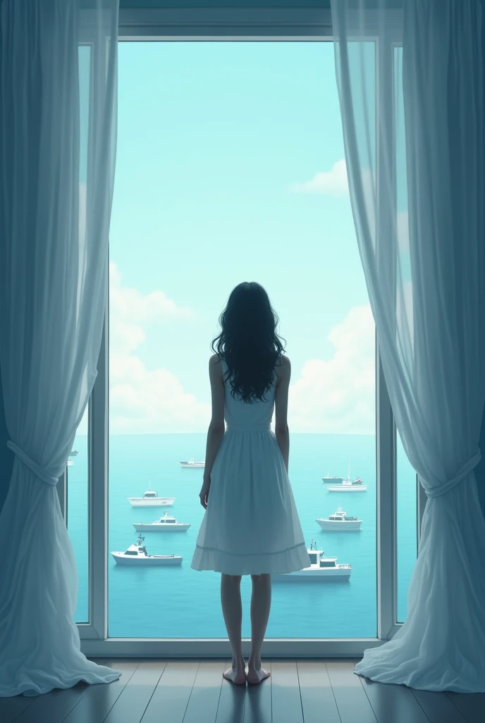 A young maked woman looks out over the port from her open window, from which a gentle blue light pours in, like a surrealist promise. It seems as if the sea seeps through the curtains, which fly with the gentle caress of the salty breeze: the distance between the fine lines of the silhouette and the sea, which breathes in calm waves, is barely noticeable. There is not much difference between the tones used for the fabric of the dress and the sky: it even seems as if the curls that relax from her head are extensions of the waves, which slide gently upwards, over the linear composition of the image.