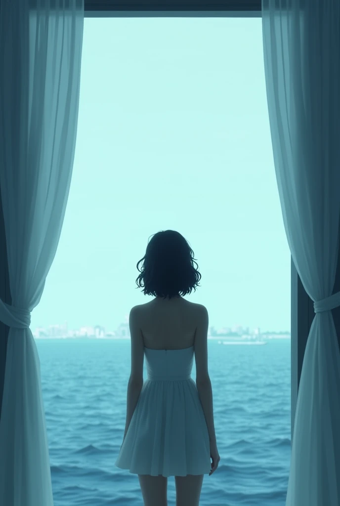 A young  maked woman looks out over the port from her open window, from which a gentle blue light pours in, like a surrealist promise. It seems as if the sea seeps through the curtains, which fly with the gentle caress of the salty breeze: the distance between the fine lines of the silhouette and the sea, which breathes in calm waves, is barely noticeable. There is not much difference between the tones used for the fabric of the dress and the sky: it even seems as if the curls that relax from her head are extensions of the waves, which slide gently upwards, over the linear composition of the image.