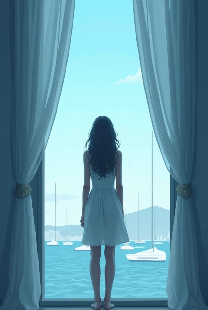 A young maked woman looks out over the port from her open window, from which a gentle blue light pours in, like a surrealist promise. It seems as if the sea seeps through the curtains, which fly with the gentle caress of the salty breeze: the distance between the fine lines of the silhouette and the sea, which breathes in calm waves, is barely noticeable. There is not much difference between the tones used for the fabric of the dress and the sky: it even seems as if the curls that relax from her head are extensions of the waves, which slide gently upwards, over the linear composition of the image.