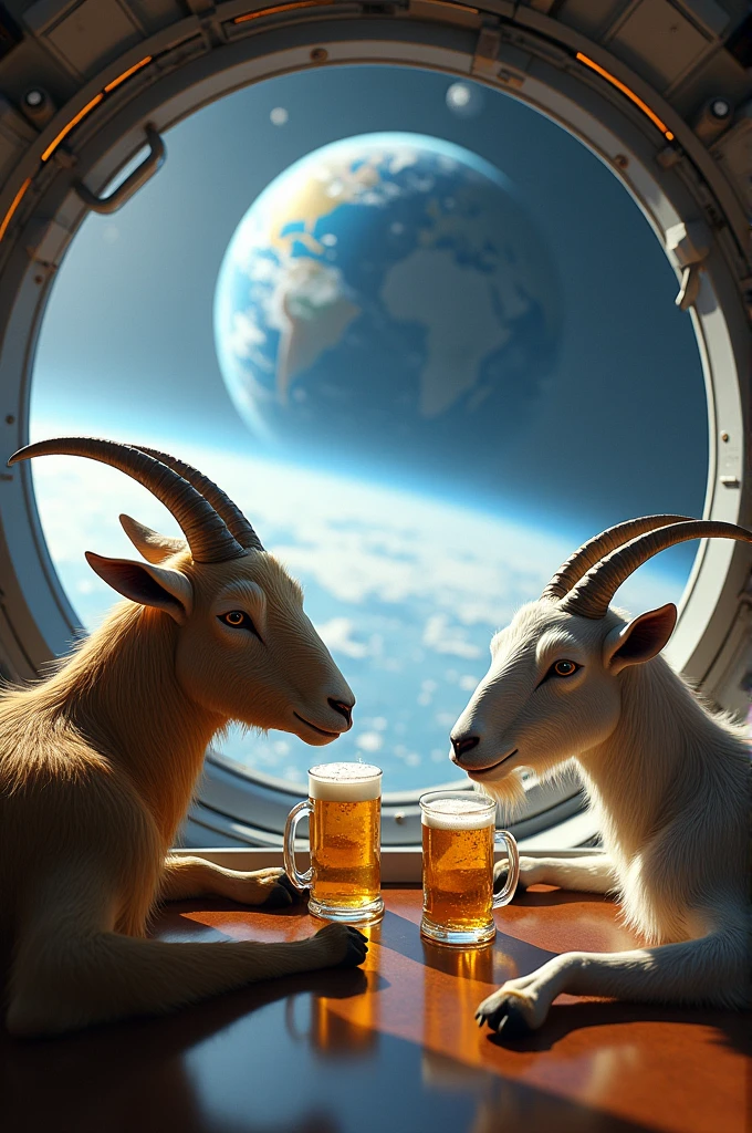 Goats drinking beer in a spaceship looking at the planet from afar