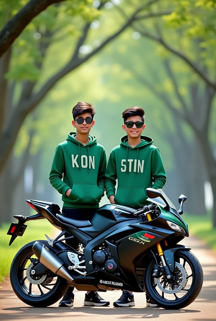Create 3D illusion for a profile picture where a 2 cute boy in a GREEN hoodie with write name "Kon Murshid?" in front don't overlaps text, stand beside casually on a  GSX-R1000, Wearing black sneakers, and sunglasses, he looke ahead with Pakistani flag in his bike, The background features is beautiful park.