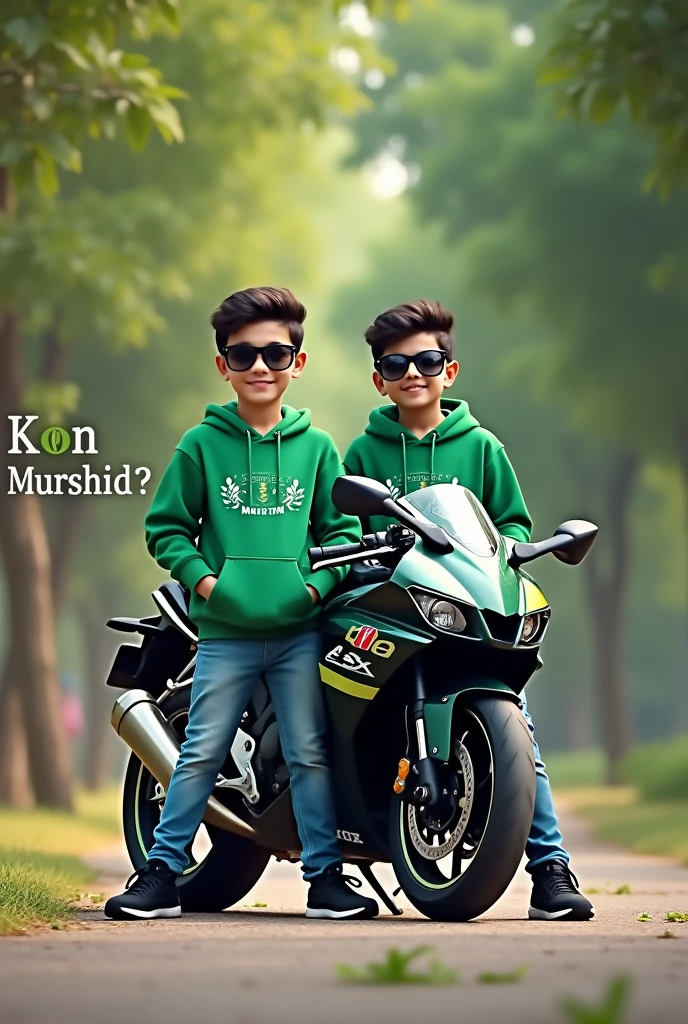 Create 3D illusion for a profile picture where a 2 cute boy in a GREEN hoodie with write name "Kon Murshid?" in front don't overlaps text, stand beside casually on a  GSX-R1000, Wearing black sneakers, and sunglasses, he looke ahead with Pakistani flag in his bike, The background features is beautiful park.