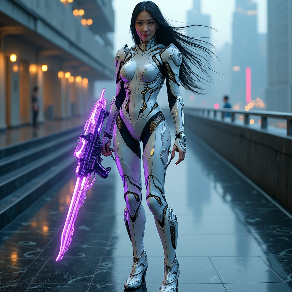 Looking at the camera while smiling.fantasy, mythological, beautiful korean woman with long black hair like a knight character in futuristic white chrome armor and purple-blue LED neon cyber components, neon is glowing enhanced, This character has a delicate appearance and intricate surrealism, orange steel metal with glittering bright gold reflective, ferocious design and texture, elegant steel boots, big breast, sexy, seductive, standing on a black ceramic floor with unique motifs, on top of a multi-storey building. holding weapon cybernetics with led green lights on weapon, UHD