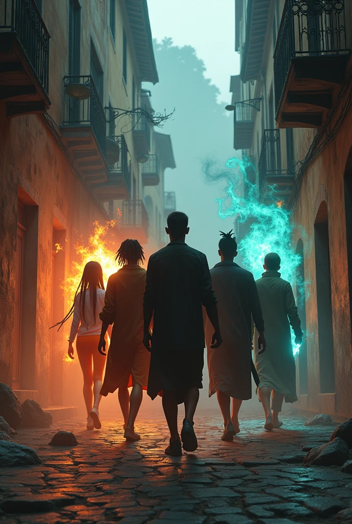 Create a dark fantasy world based in Italy where there is five characters a a medium height black girl with braids that has telekinesis, a mixed tall guy with dreads that has the fast power,a tall and tanned guy who has the power of controlling fire,a tall Brazilian guy with dark hair that has the power of strength,a tall Italian guy with dark hair and green eyes the power of taletrasportation make it has real has possible