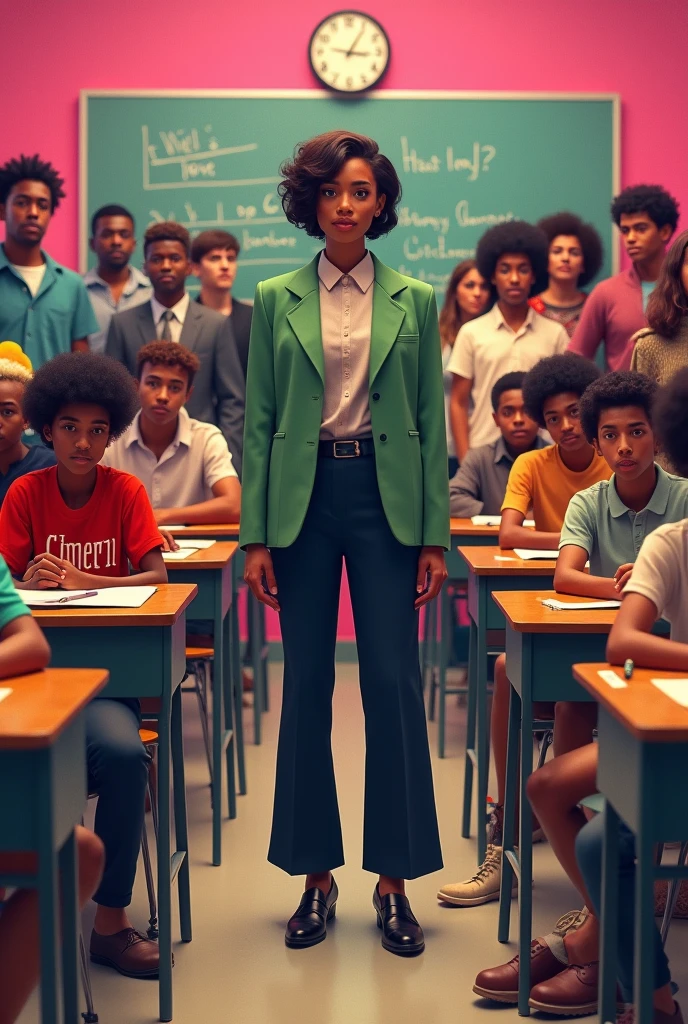 They are in a classroom in the 80s, in New York, inside an arts school called "Fama." The living room has a pink wall, on which a clock and a board hang. The teacher miss sherman, dressed very formally in the 80s style, is at the front of the class.
In the classroom there are 27 desks, occupied by 27 students, all with very eighties styles. Among them, there are 3 actors, of which only one is a woman. There are also 3 dancers: two girls (one of them a little chubbier than the other) and a boy, who wears shorts, a tank top and has headphones.
There are 3 musicians: a girl with a very rebellious style and two boys. All students show different styles, reflecting their professions and social strata. The rest of the students may be in different groups, but they all dress in clothes that are very representative of 80s fashion.
