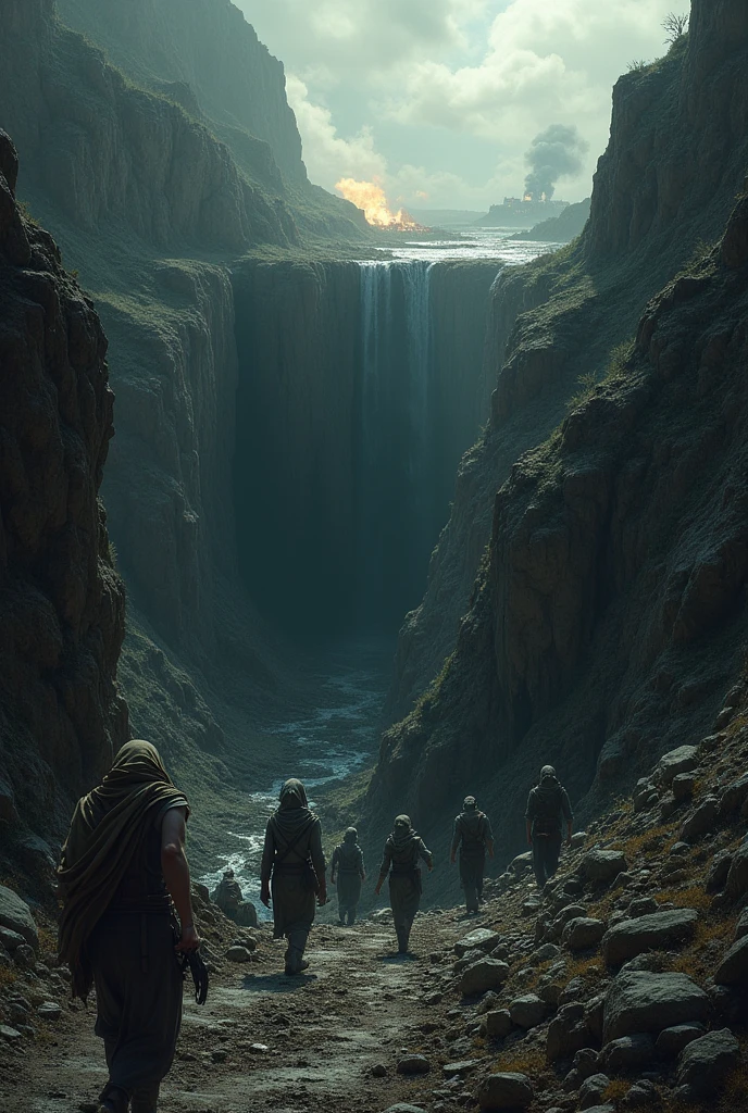 Now make humans fleeing from a war and then finding a ravine then inside a dark cave