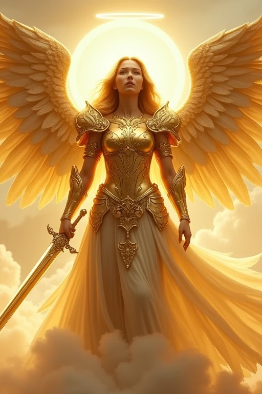 Une femme majestueuse, en armure dorée éclatante, avec ses 4 ailes angéliques. Son épée, lumineuse et divine, rayonne de pureté, avec la marque du commendemant de la verite sur le cou.
Elle se tient dans un ciel lumineux, entourée de nuages dorés, avec une auréole au-dessus de sa tête.
.Résolution Haute, Précis, Haute qualité, Détails fins,