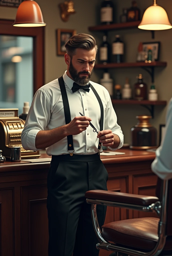 Create a handsome, muscular man in an Italian cinema atmosphere, with dramatic lighting and pronounced shadows. Giovanni is preparing authentic Italian pasta, showing each step with elegance and precision. Paleta de cores: black tones, gray dark, white and dark brown.