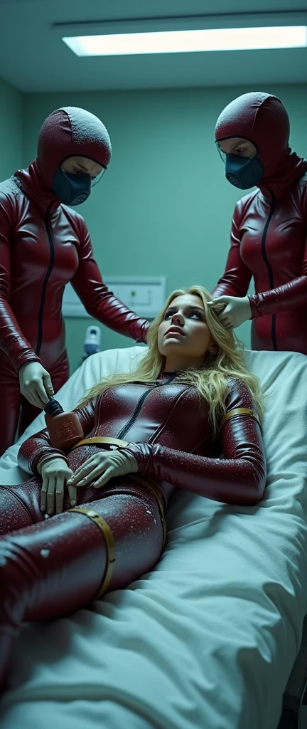 (highly detailed) Hot young tennage girl is wearing dark matte cherry winter latex suit with black elements suit is covered in sweat that reflect the light of the sun she has blond wavy hair freckles and her ass is bigger her brest is big HD real photo 8K she is fit her waist is slim she is looking very young her brest is very big she curves her ass on her waist is belt her hair is covered in snow winter she also wears tight dark cherry climbing harness around her ass her face is looking very young and thin snow is lying on every part of her suit Snow is on her ass and brest she is looking young and happy she is lying on a hospital bed she is in hospital building her arms are tide to a hospital bed she is straped by leather straps to hospital bed her eyes are closed Two Nurses are standing next to her nurses looks the same as girl. Two Nurses are using vibrator on girl body girl is wearing on her face and nose pilot oxygen girl is straped to hospital bed by leather straps nurse is wearing pilot oxygen maskon her face and nose that lookes like is conected to pipe girl is looking worried and dizzy Two Nurses are looking like she nurse is wearing latex gloves Nurses are wearing full covering pilot oxygen mask Nurses are weairng latex suit Two hot nurses girl is wearing pilot oxygen mask on her face and nose Two nurses are injecting syringe with a needle Nurses are two woman looking like she
