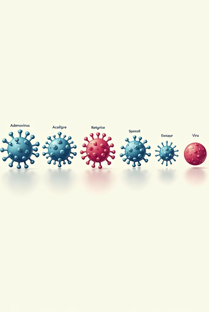 Create an image where you represent a visual description of the Adenovirus, Retroviruses and naked viruses.
The image has to be long and not narrow..
Just place one of each longitudinally.