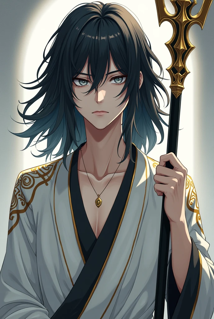 thirty year old man, Pale skin and grey eyes without pupils, waist-length black hair. He wears a white tunic with gold details., He carries a long black spear with golden markings.. anime version
